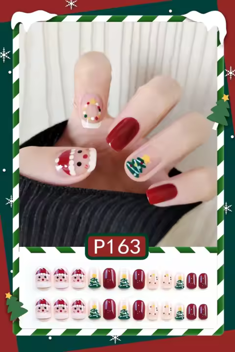 Juego De 24 Uñas Postizas De Acrílico Navidad Con Hojas Plateadas Falsas Uñas Cortas Francesas Adhesivas Removibles Para Fiesta - 1