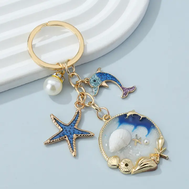 Llavero De Enamel Con Estampados De Estrella De Mar Concha Delfín Perla Para Manualidades Joyería Hecha a Mano Llaveros De Playa - 1