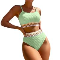 Bikini De Verano Para Mujer Estilo Playa Moda Elegante Con Cintura Alta Y Efecto Delgado Dos Piezas Color Bloqueado Conjunto De Baño Con Suspensión - details 14