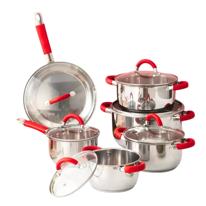 Swiss Line Bateria de cocina 12 Piezas / Acero inoxidable / Apta para todo tipo de cocina / Asas silicona roja - 1