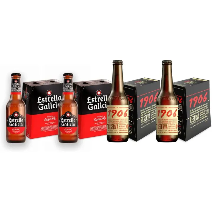 Estrella Galicia y 1906 Pack Combinado de Cervezas de 24 Botellas - Incluye 2 packs de 1906 Reserva Especial 33 cl y 2 Packs de Estrella Galicia Especial 25 cl - 1