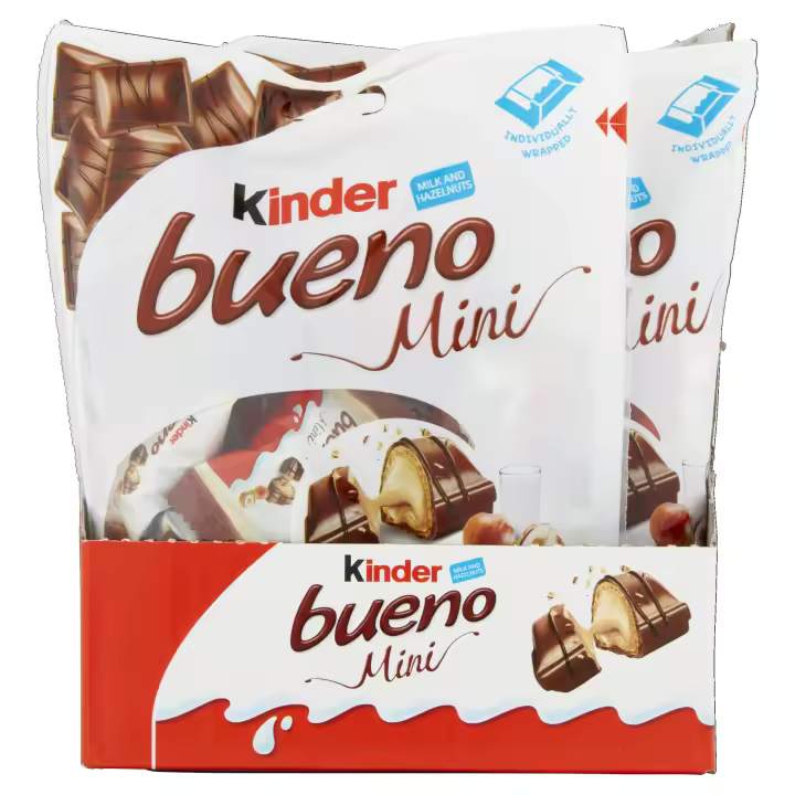 Mini KINDER BUENO  - Pack 2/6 bolsas - Bolsa de 20 unidades - Crujiente barquillo envuelto individualmente, recubierto de chocolate con leche y con un relleno cremoso de leche y avellanas - 1