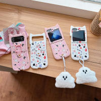 Funda De Teléfono Con Colgante Y Aros Para Samsung Galaxy Z Flip 6 5 4 3 ZFlip 6 Con Orejas De Gato Diseño De Luna Y Fantasma Blanco Y Rosa - details 0