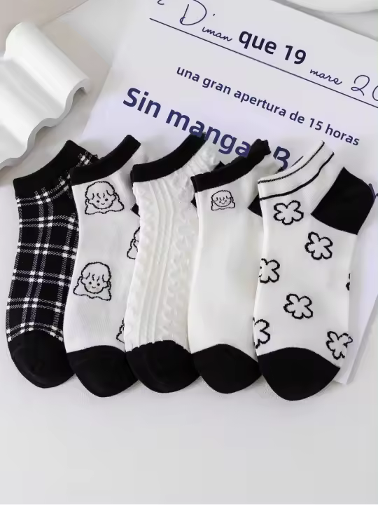 5 Pares De Calcetines Para Mujer Estilo Casual Comodidad Algodón Y Poliéster Diseño Lindo Y Moderno En Colores Negro Y Blanco - 1