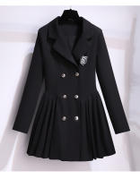 Vestido De Moda Coreana Para Mujer Traje Estudiante Cuello Alto Ajustado Plisado Botones Dobles Cierre Negro Ropa De Otoño - details 7