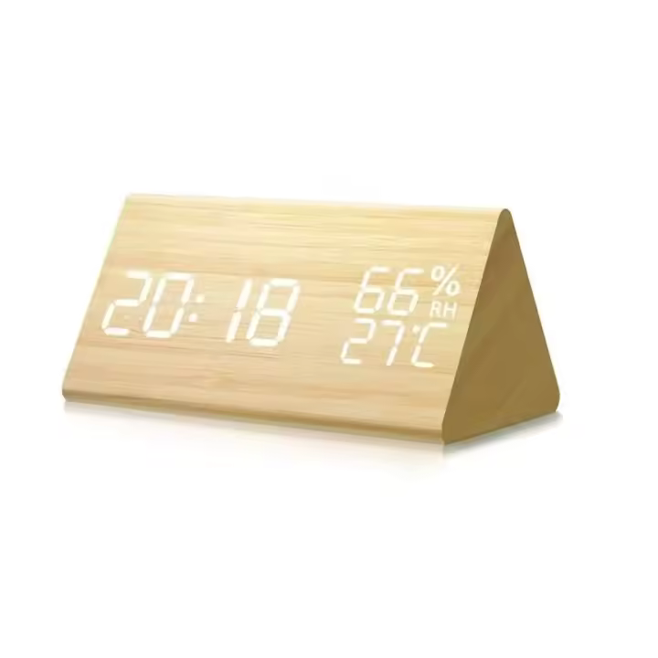 Despertador de madera, reloj de madera del escritorio del LED Digital con temperatura de tiempo ajustable del brillo - 1