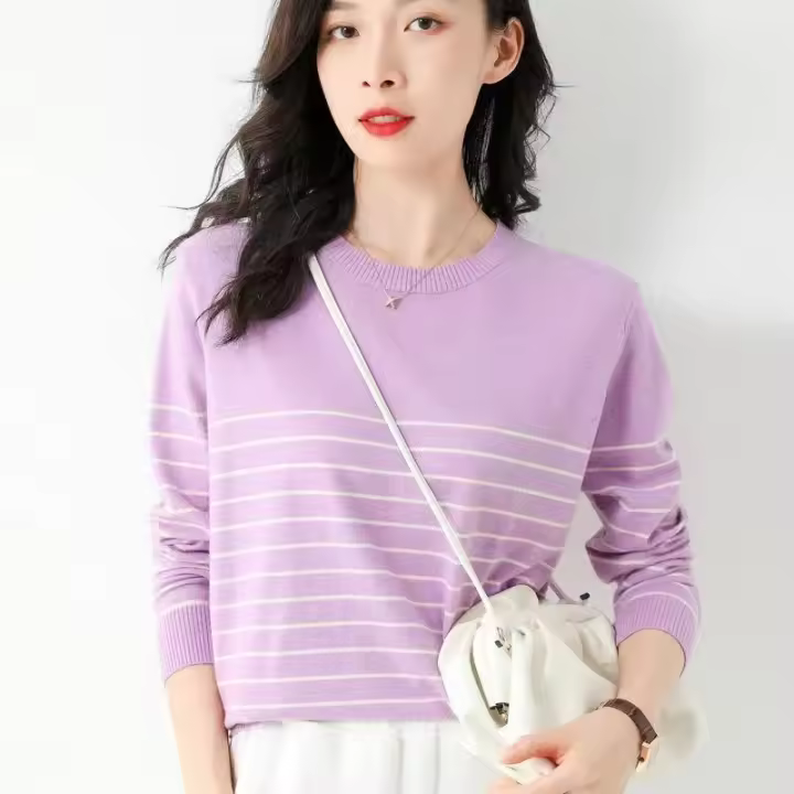 Suéter De Punto Para Mujer 2025 Estilo Oficina Lady Con Rayas Cuello Redondo Manga Larga Suéter Caliente Y Suave Para Todas Las Estaciones - 1
