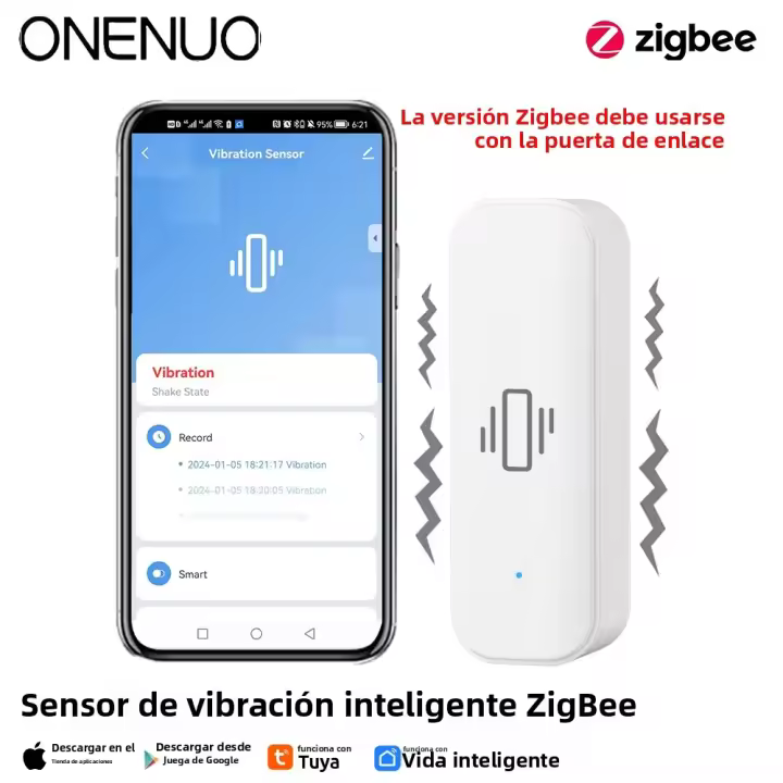 Sensor De Vibración Inteligente Zigbee ONENUO Con Alarma De Movimiento Y Notificaciones En Tuya Smart Life Registra Historial De Alarmas - 1