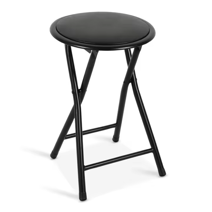Taburete plegable redondo, de cocina, piel sintética (PU) y acero, asiento acolchado, 30 cm, negro – Bari - 1