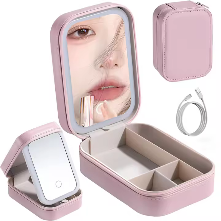 Bolsa De Maquillaje LED Con Espejo Para Mujeres Caja De Cosméticos Portátil Pequeña Con Luz Para Labiales Y Cepillos - 1