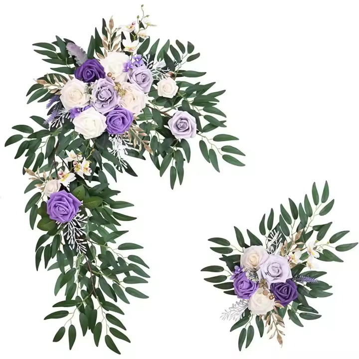 Arco de flores artificiales para decoración de bodas, 2 piezas, arreglos florales con rosas (morado) - 1