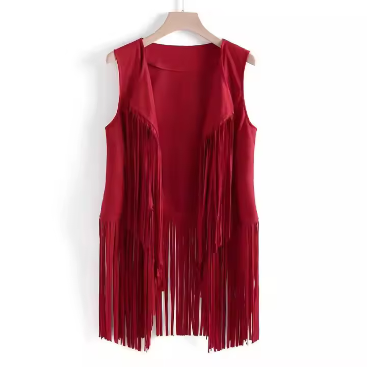 Chaqueta sin Mangas con flecos para Mujer, Fashion hippie de los años 70, chaqueta de ante sintético con flecos - 1
