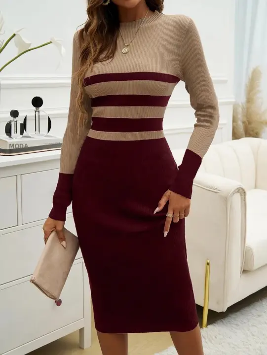 Vestido Largo De Manga Corte Slim Para Mujer Con Bloque De Colores Cuello O Estilo Casual Fibra Natural Viscosa Striped - 1