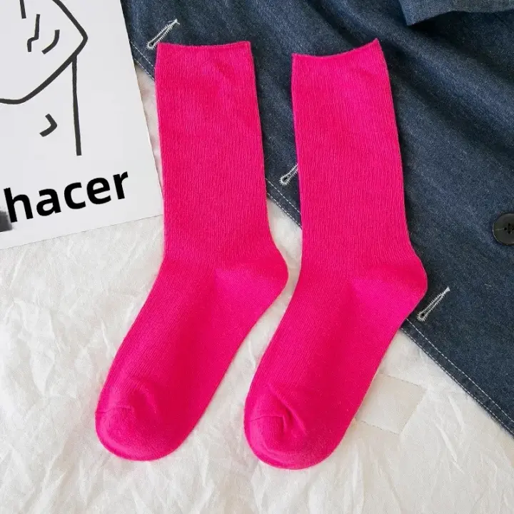 Calcetines De Mujer Moda Color Sólido Preppy Estilo Respirables Neón Largos Coreanos Blancos Casual Calcetines De Algodón Y Poliéster Con Spandex - 1