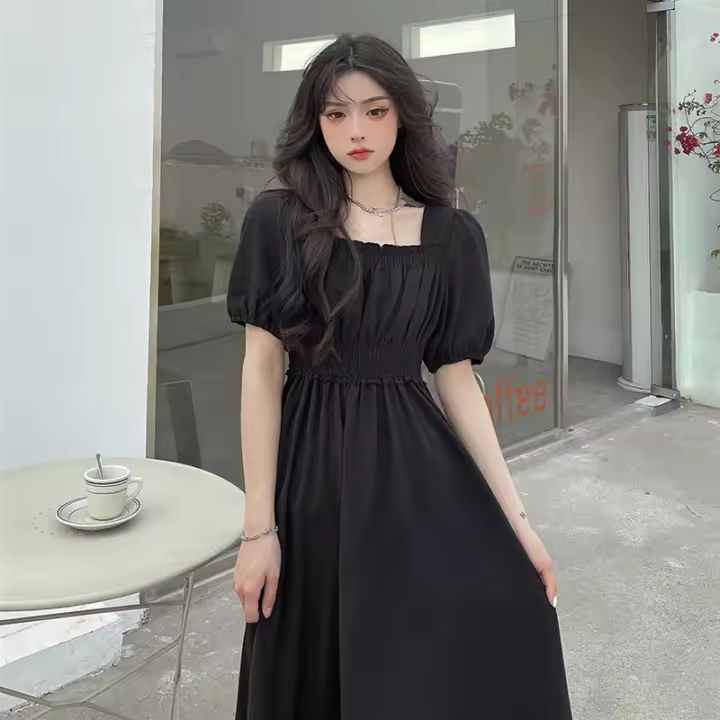 Vestido Largo Vintage Negro Elegante Para Mujer Primavera Otoño Cuello Cuadrado Vestido Casual Coreano Slim A-Line Vestidos - 1