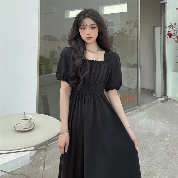 Vestido Largo Vintage Negro Elegante Para Mujer Primavera Otoño Cuello Cuadrado Vestido Casual Coreano Slim A-Line Vestidos - 1