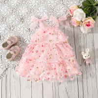 Vestido De Princesa Para Niñas Verano Con Encaje Y Largas Alas Estampado De Flores Y Hojas Tirantes Con Gota De Agua Vestido De Cumpleaños - details 1