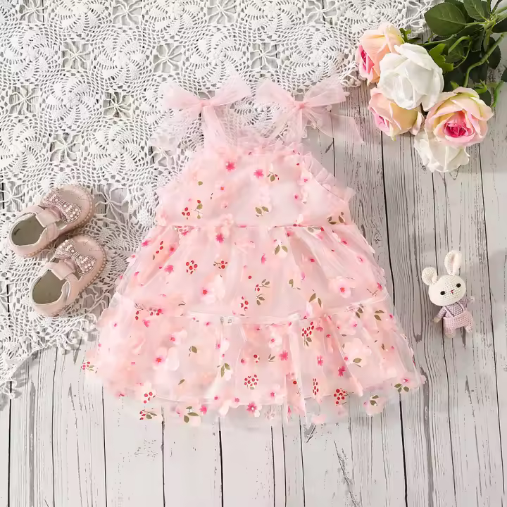 Vestido De Princesa Para Niñas Verano Con Encaje Y Largas Alas Estampado De Flores Y Hojas Tirantes Con Gota De Agua Vestido De Cumpleaños - 1