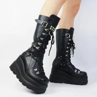 SP Botas Martin de Tacón de cuña para Mujer, BOTAS de cuero de Suela Gruesa De Tubo Medio Estilpunk with Remaches de gran tamaño para otoño E invierno. - details 1