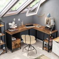 Escritorio de esquina con archivador y estantes, diseño industrial, fácil montaje, para oficina en casa, marco de acero, marrón rústico y negro - details 5