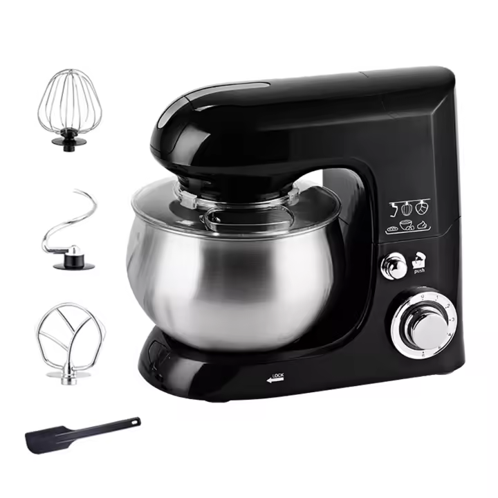 Batidora de pie de 1300 W - Tazón de 5 L - 6 velocidades - Acero inoxidable - Negra - Batidora de pan multifunción para cocina - 1