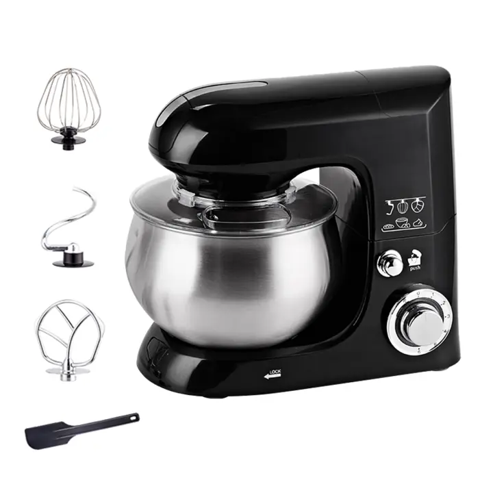 Batidora de pie de 1300 W - Tazón de 5 L - 6 velocidades - Acero inoxidable - Negra - Batidora de pan multifunción para cocina - 1