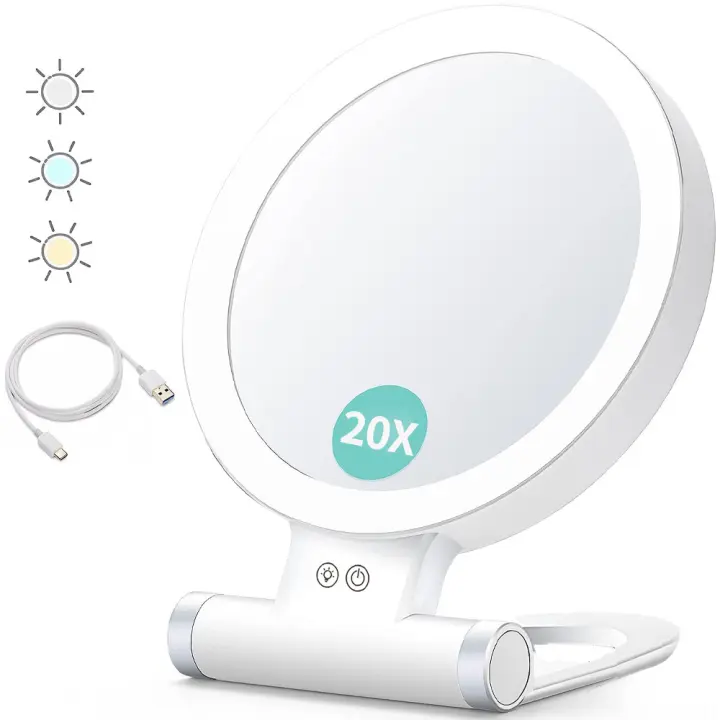 Espejo de aumento con luz, espejo de maquillaje con luz de 20 aumentos, espejo de tocador de 1x/20x, espejo de maquillaje iluminado ajustable, espejo de aumento iluminado para depilar las cejas - 1