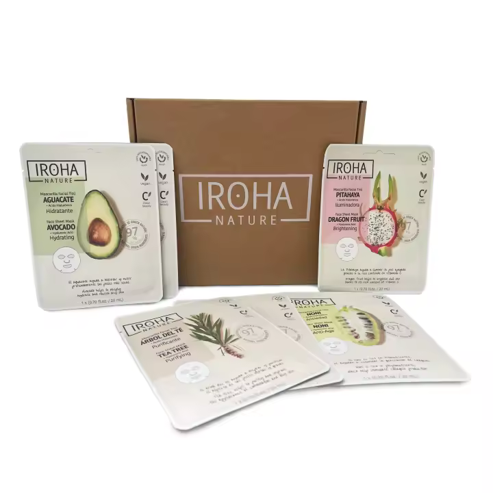 Iroha Nature- KIT TRATAMIENTO FACIAL NATURAL Extracts con 6 uds mascarillas faciales de tisú. Aporta a tu piel el plus de VITAMINAS e HIDRATACIÓN que necesita con Arbol de té, Aguacate, Noni y Pithaya - 1