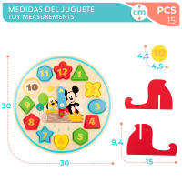 WOOMAX - Reloj didáctico de madera Disney Baby 30 cm, 15 piezas encajables, Mickey y Pluto, juguete educativo para aprender las horas, colores y formas, juega y aprende, +3 años - details 5