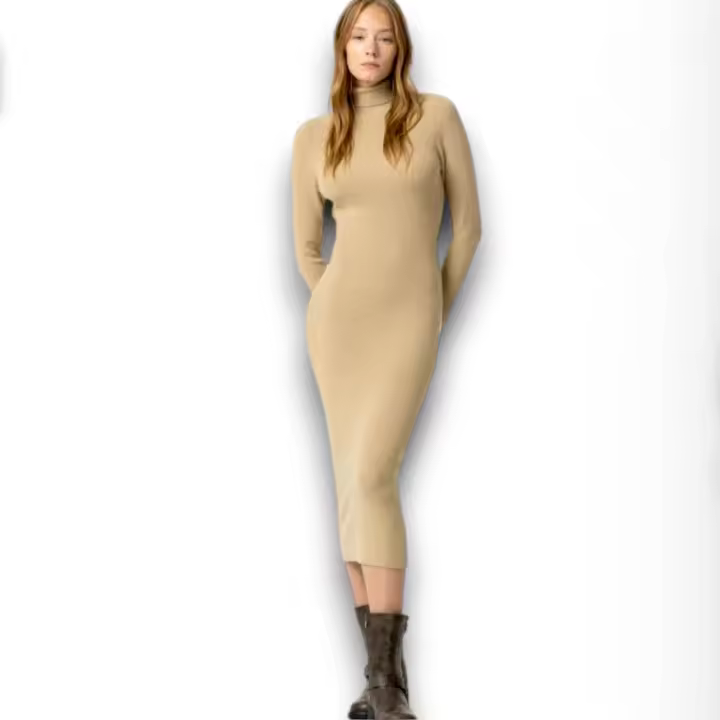 Vestido Tiffosi Chloe Mujer | Midi Beige Cuello Alto Manga Larga | Viscosa Poliéster Poliamida Ajuste Perfecto - 1