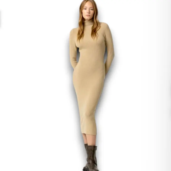 Vestido Tiffosi Chloe Mujer | Midi Beige Cuello Alto Manga Larga | Viscosa Poliéster Poliamida Ajuste Perfecto - 1