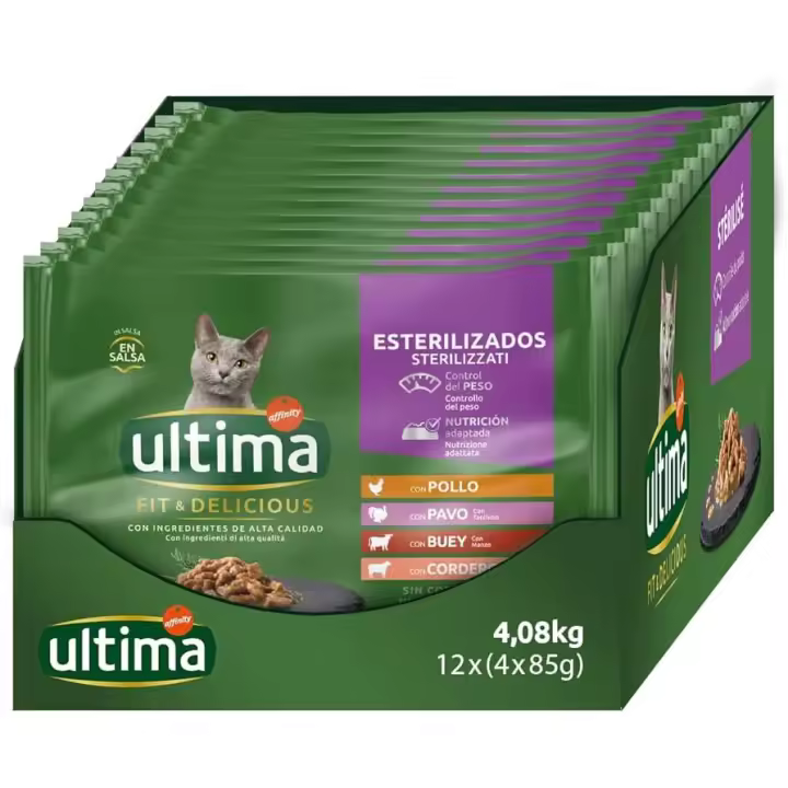 Ultima  Comida Húmeda para Gatos con 4 variedades de Carne: Buey, Pavo, Pollo y Ave. 4 Paquetes de 12 raciones de 85g. Esterilizado - 1
