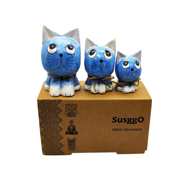 SusggO -  Set de 3 Gatos de Madera. Figuras Decorativas Hechos a Mano Artesania Figuras Gatos Decorativos Decoracion hogar Tallado a Mano Gato de la Suerte Adorno Mueble - 1