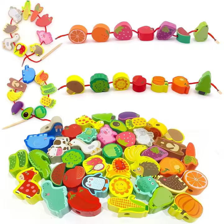 Juguete de madera, figuras de madera en cuerda, juguete educativo con 42 frutas y verduras de madera, juguete adecuado para niños pequeños de 3 a 5 años, bonito regalo. - 1