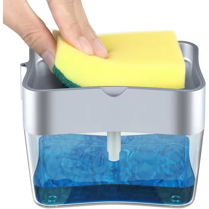 Dispensador de jabón de cocina, prensa manual, detergente con bomba líquida, recipientes de almacenamiento rellenables + esponja, soporte para esponja, dispensador de jabón 2 en 1, dispensador de jabón para platos para cocina y baño - 1