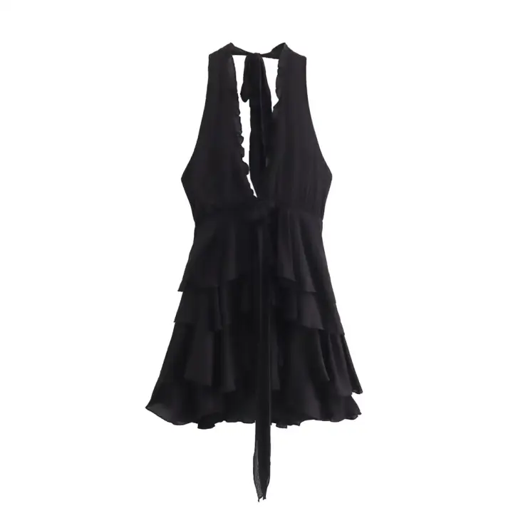 UNIZERA Vestido Corto De Verano 2024 Para Mujer Con Cuello En V Profundo Multicapa Negro Espalda Descubierta Sin Mangas Estilo Casual - 1