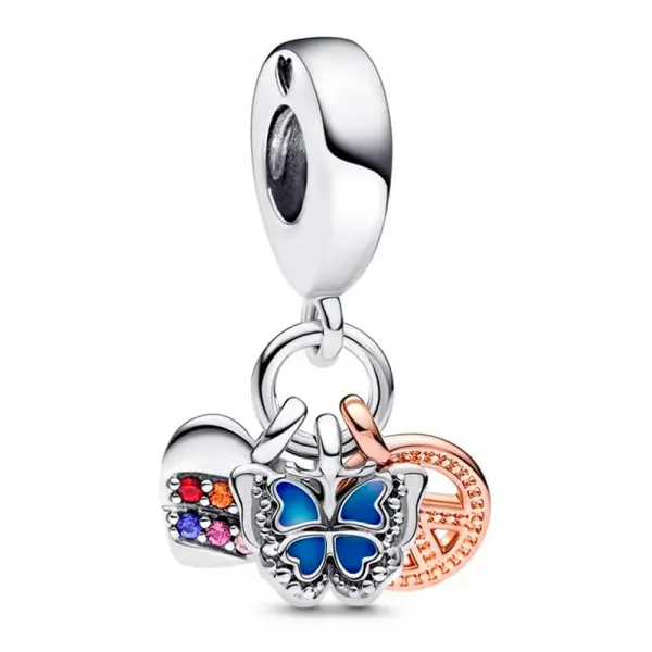 Pandora - Charm Colgante triple corazón arcoíris, mariposa y paz de dos tonos 782572C01 - 1