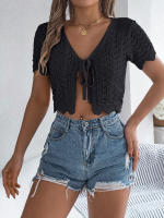 Cardigan De Punto Para Mujer Verano Otoño Ligero De Visón Manga Corta Cuello Redondo Estilo Casual Color Sólido Con Agujeros - details 25