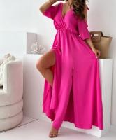 Nuevo Vestido De Verano Para Mujer Estilo Casual off Shoulder Con Abertura V-Neck Color Sólido Falda Larga Asimétrica Polyester - details 3