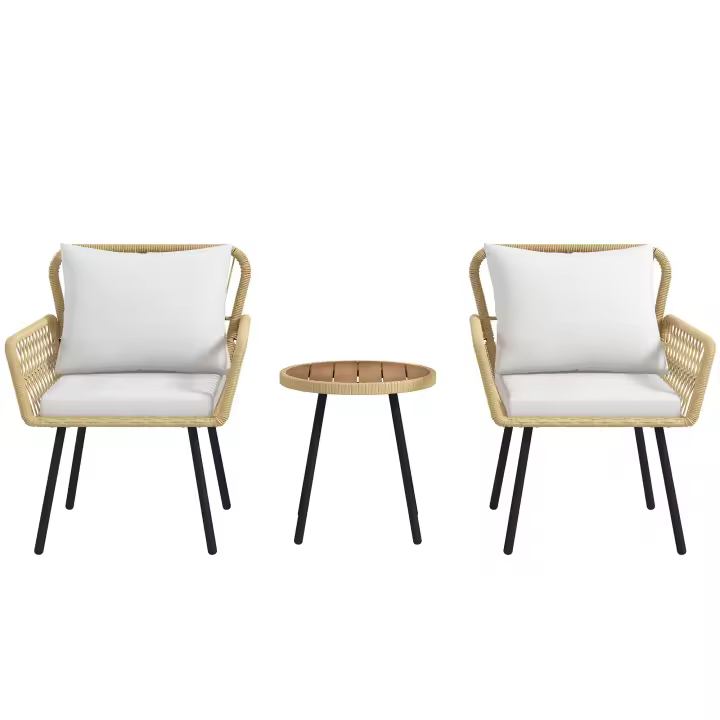 Outsunny Conjunto de Mesa y Sillas de Jardín Exterior Juego de 3 Piezas Sillas y Mesa de Ratán con 2 Sillas 1 Mesa de Centro Redonda y Cojines para Terraza Césped Balcón Natural - 1