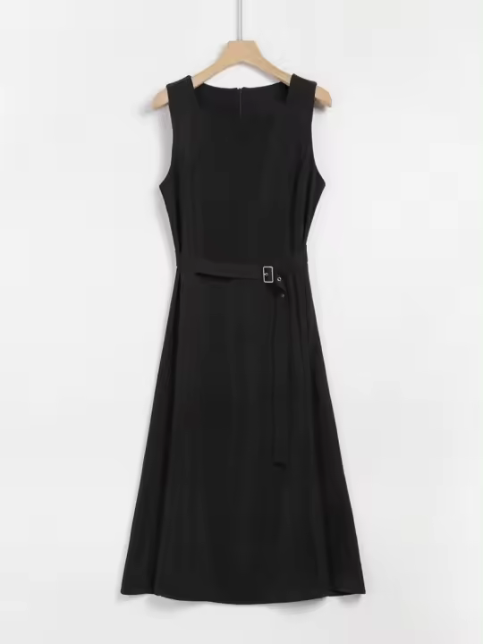 Vestido A-line Elegante Para Mujer REALEFT Sin Mangas Cuello Cuadrado Casual Largo De Verano Con Cinturones Polyester - 1