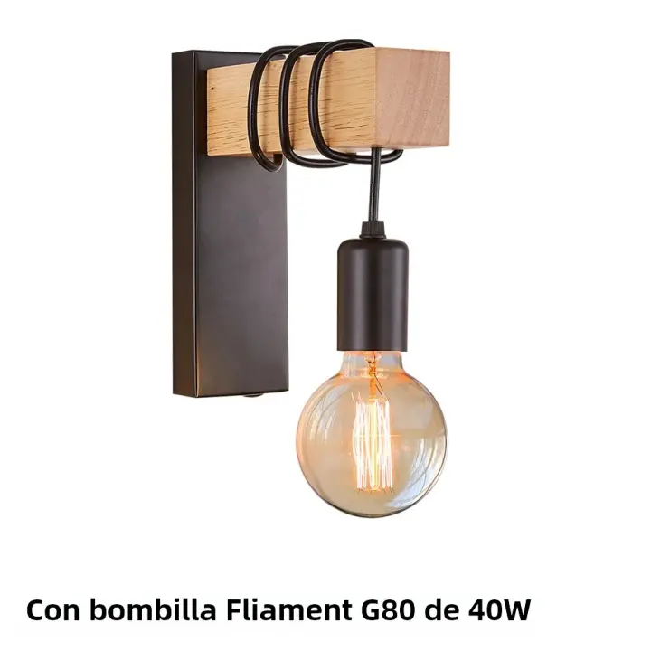 Lámpara De Pared Retro En Madera Vintage E27 Iluminación Para Decoración Interior Del Hogar Sala De Estar Dormitorio Lámpara De Noche - 1