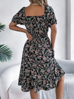 Vestido Elegante De Primavera Y Verano Para Mujer Con Estampado Floral Cuello Cuadrado Manga Corta Volante Al Borde Vestido A-Line De Rodilla Casual - details 1