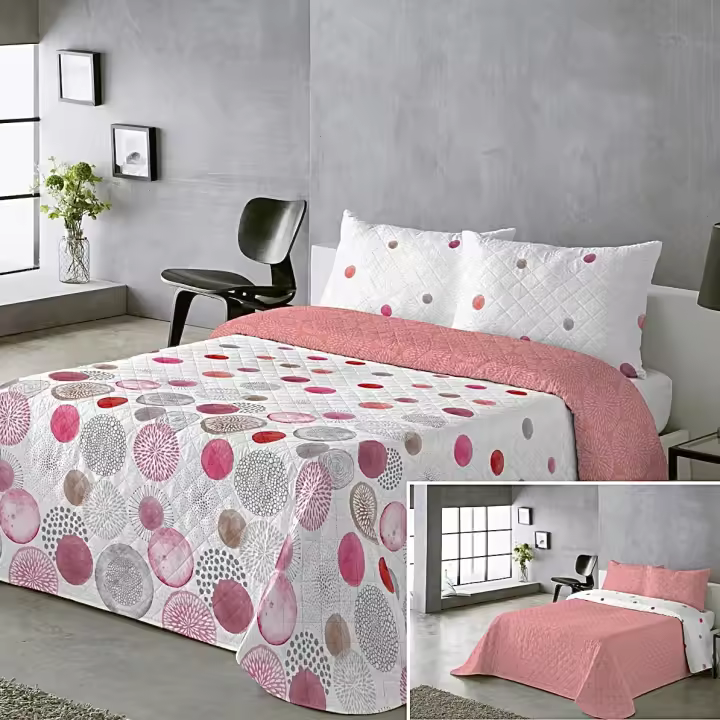 Colcha Doble Cara Primavera Verano Rosa - Lunares y Sólido | Tallas Cama 90, 105(1 Funda) y Cama 135 150(2 Fundas) |  Termosellado Industrial | Incluye Fundas de Almohada  | Termosellada No hace bolitas y Fácil Planchado - 1