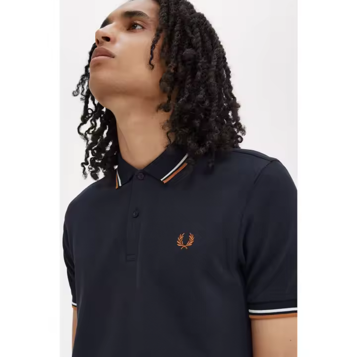 POLO FRED PERRY M/C MARINO FRANJAS NARANJA Y BLANCO - 1