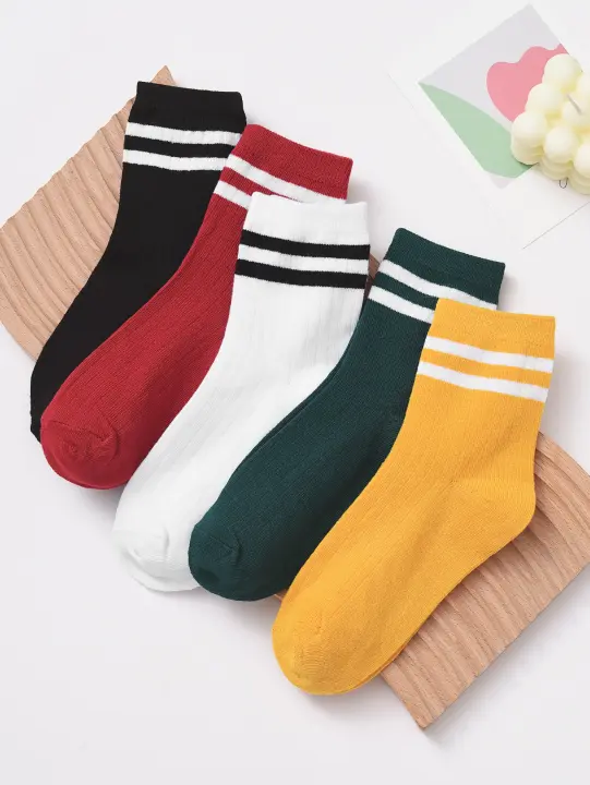 Juego De 5 Pares De Calcetines Para Mujer Estilo Casual Con Patrón De Rayas Multicolor Transpirables Y Cómodos Para Uso Diario - 1