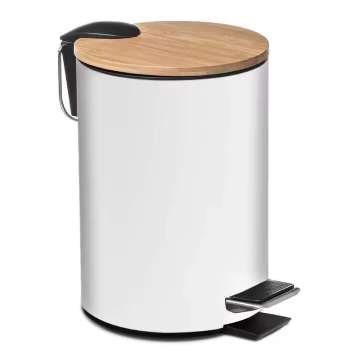TIENDA EURASIA - Papelera de Metal con Tapa de Bambu, 3L, 17x22,5x23,5 cm, con Pedal, Asa - 1