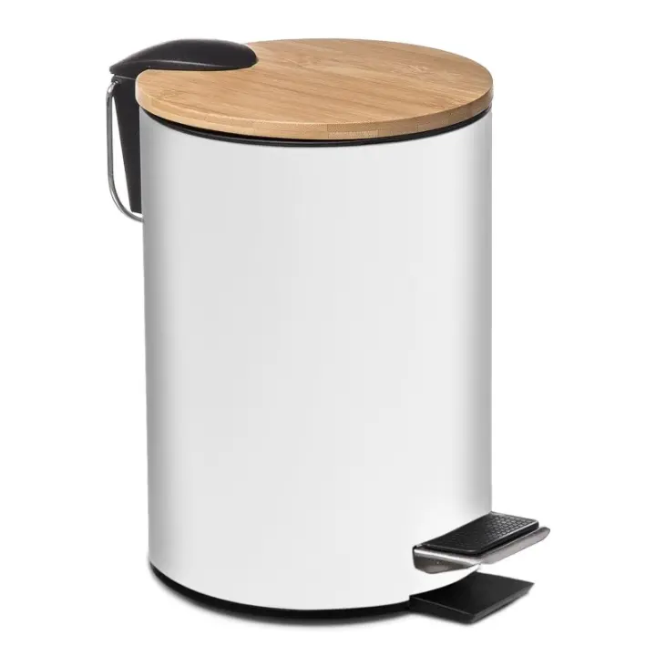 TIENDA EURASIA - Papelera de Metal con Tapa de Bambu, 3L, 17x22,5x23,5 cm, con Pedal, Asa - 1