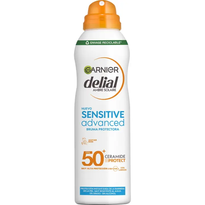 GARNIER DELIAL Sensitive Advanced bruma solar ceramide protect SPF-50,150 ml muy resistente al agua, no graso y sin alcohol - 1