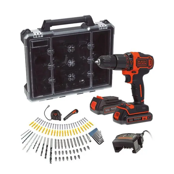 Black & Decker BDCHD18D2AB-QW KIT: Taladro Percutor 18V, Portabrocas 10mm, 10+1 Posiciones de Par de Apriete, 2 Velocidades 0-360/1.400 RPM, Incluye 2 Baterías 2Ah de Litio, Cargador 0,4A, 100 Accesorios y Organizador - 1